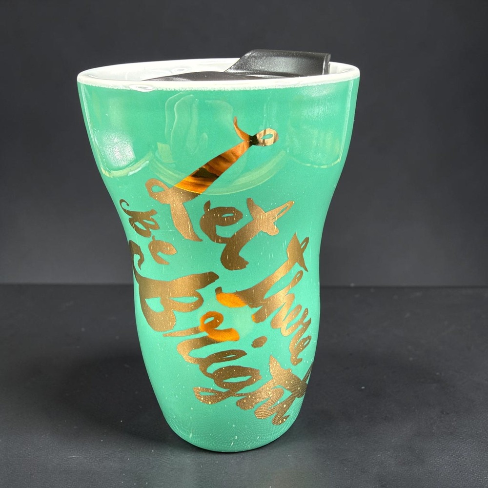 Starbucks Holiday Teal Gold Let There Be Bright Ceramic Travel Tumbler 9oz Cup